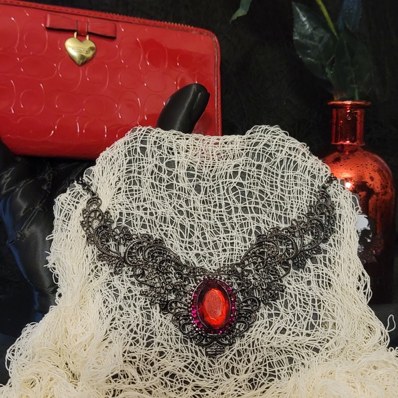 Black Filigree Necklace w/ Red Stones - Picture 5 of 6